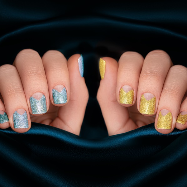 Mãos com unhas com meia lua de glitter.